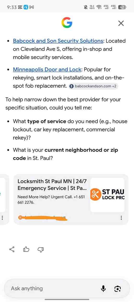 Google AI Overview featuring locksmith St. Paul content
