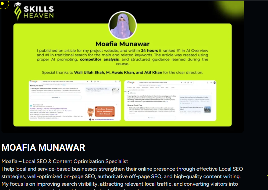 Moafia Munawar's recognition profile on Skills Heaven UAE