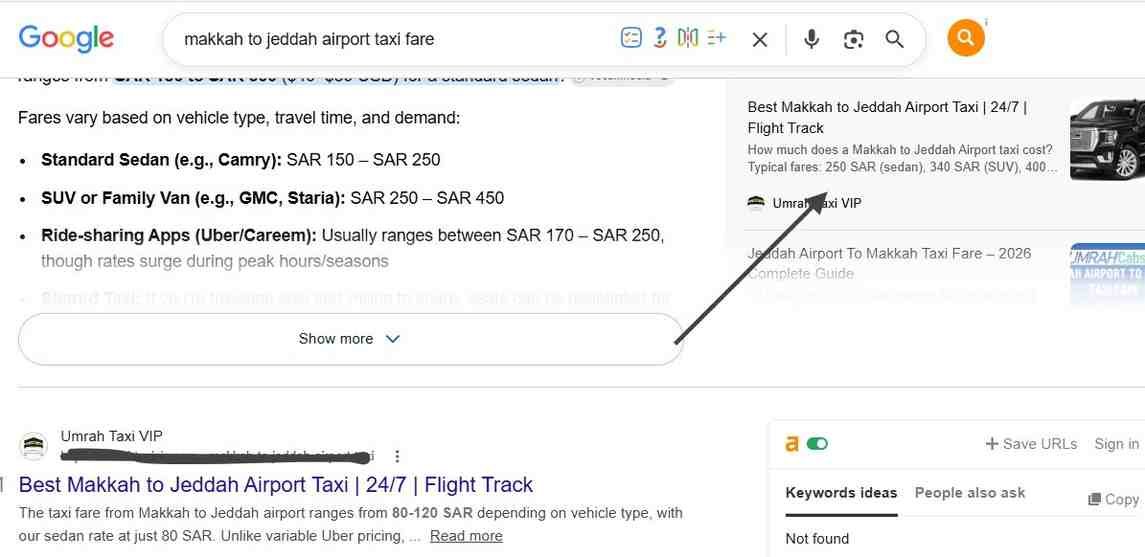 Google SERP showing taxi business ranking on Page 1 in Saudi Arabia