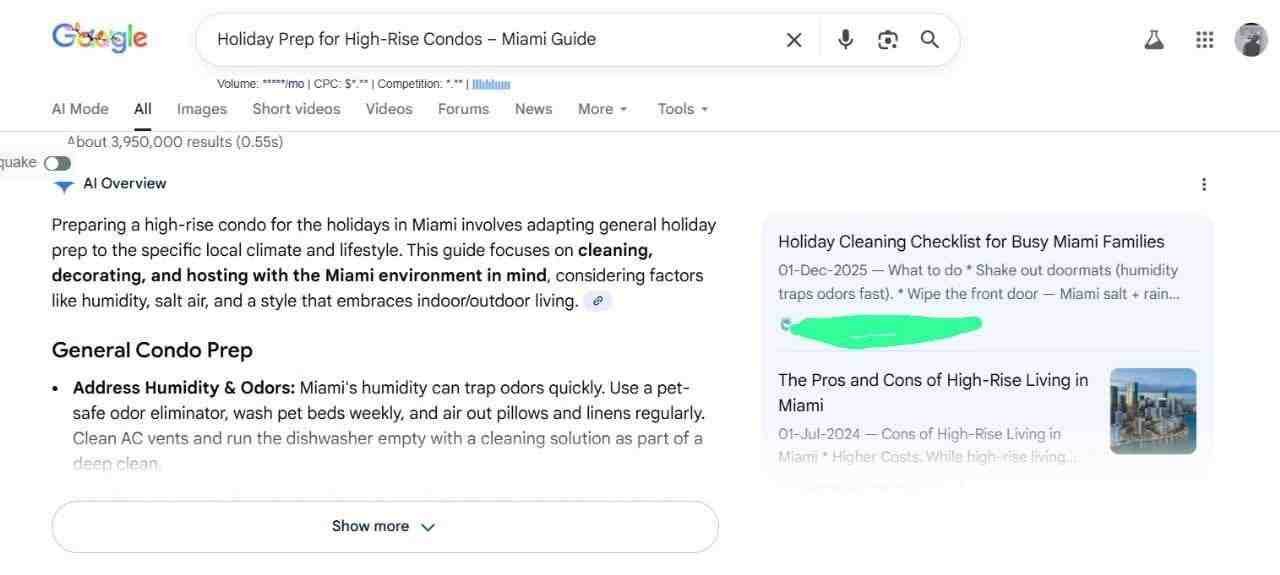 Google SERP showing cleaning business ranking Position 1 in Miami