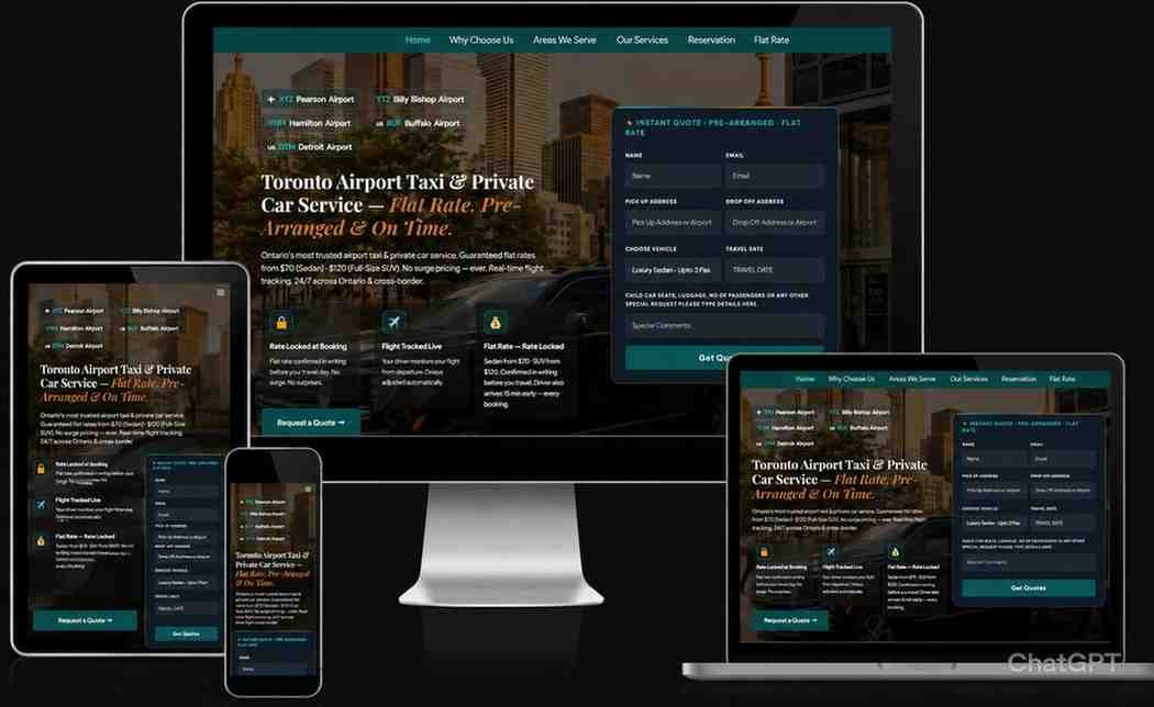 Toronto Airport Taxi and Private Car Service website shown on desktop, tablet and mobile