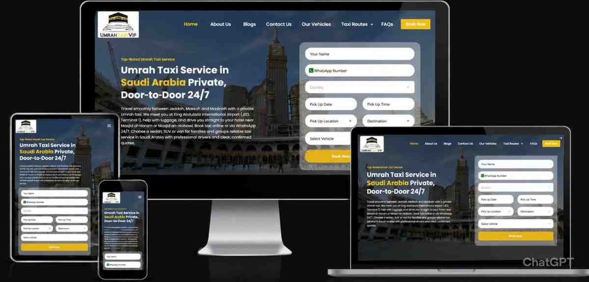 Umrah Taxi VIP website shown on desktop, tablet and mobile