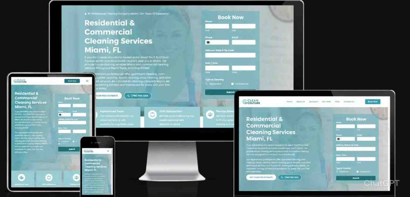 Clean Couture cleaning company website shown on desktop, tablet and mobile